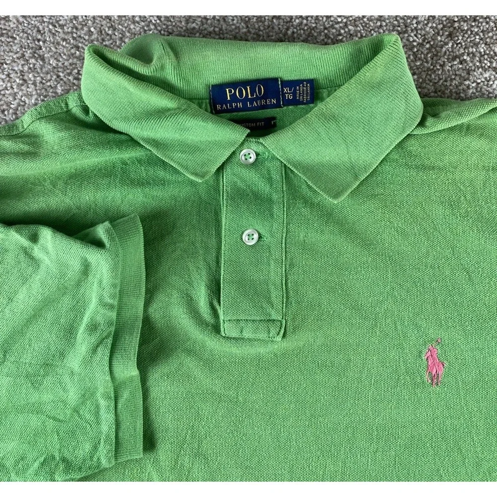 Polo Ralph Lauren Solid Green Polo Shirt Mens XL Pink Pony Preppy Cotton Work
